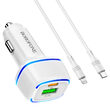Set Incarcator Auto Borofone BZ14A Mercury cu cablu Type-C la Lightning, 1xUSB, 1xType-C, QC 3.0, Alb