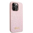 Husa iPhone 14 Pro Guess Glitter TPU Flakes Script Metal Logo Pink