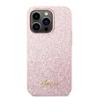 Husa iPhone 14 Pro Guess Glitter TPU Flakes Script Metal Logo Pink