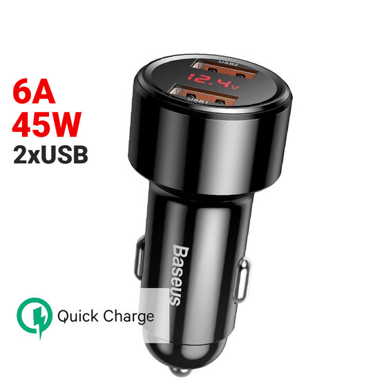 Incarcator Auto Baseus Dual Magic Series Quick Charger Black (digital display, output 6A, 45W)