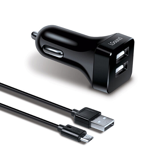 Set Incarcator Auto iSound Dual USB 2.4A  cablu microUSB 1.2m Negru