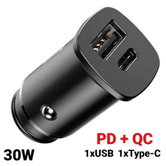 Incarcator Auto USB si Type-C Baseus Metal Dual Port 30W Black