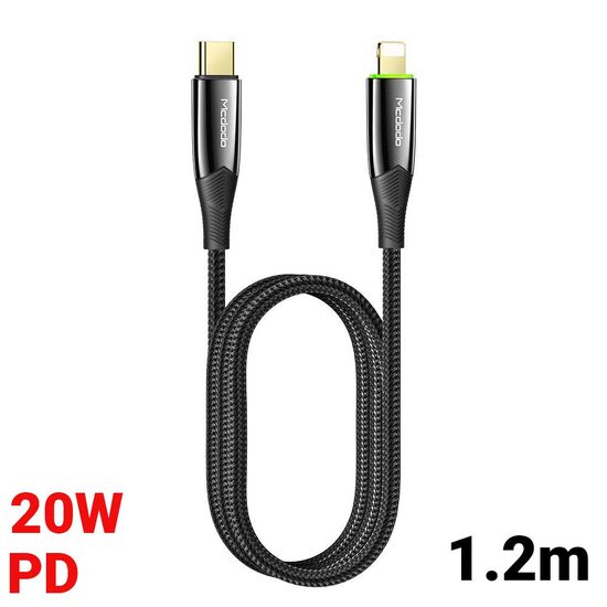 Cablu Type-C la Lightning Mcdodo Shark Series Black (PD, 1.2m, 20W, oprire automata)