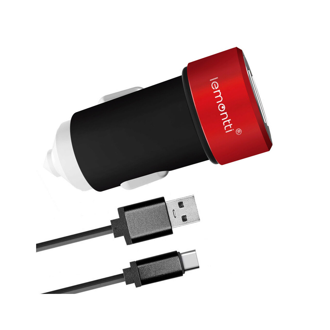Lemontti Set Incarcator Auto 3.1A 2 porturi USB-A si cablu Type-C 1m Negru / Rosu