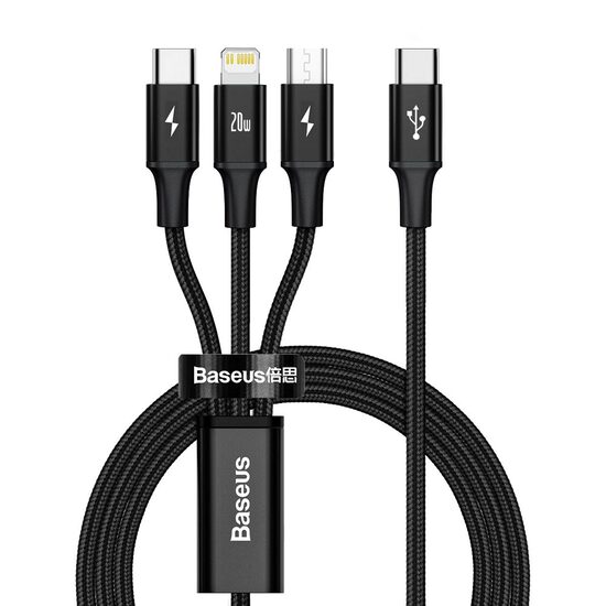 Cablu Type-C la MicroUSB+Lightning+Type-C Baseus 3 in 1 PD 20W Black 1.5m