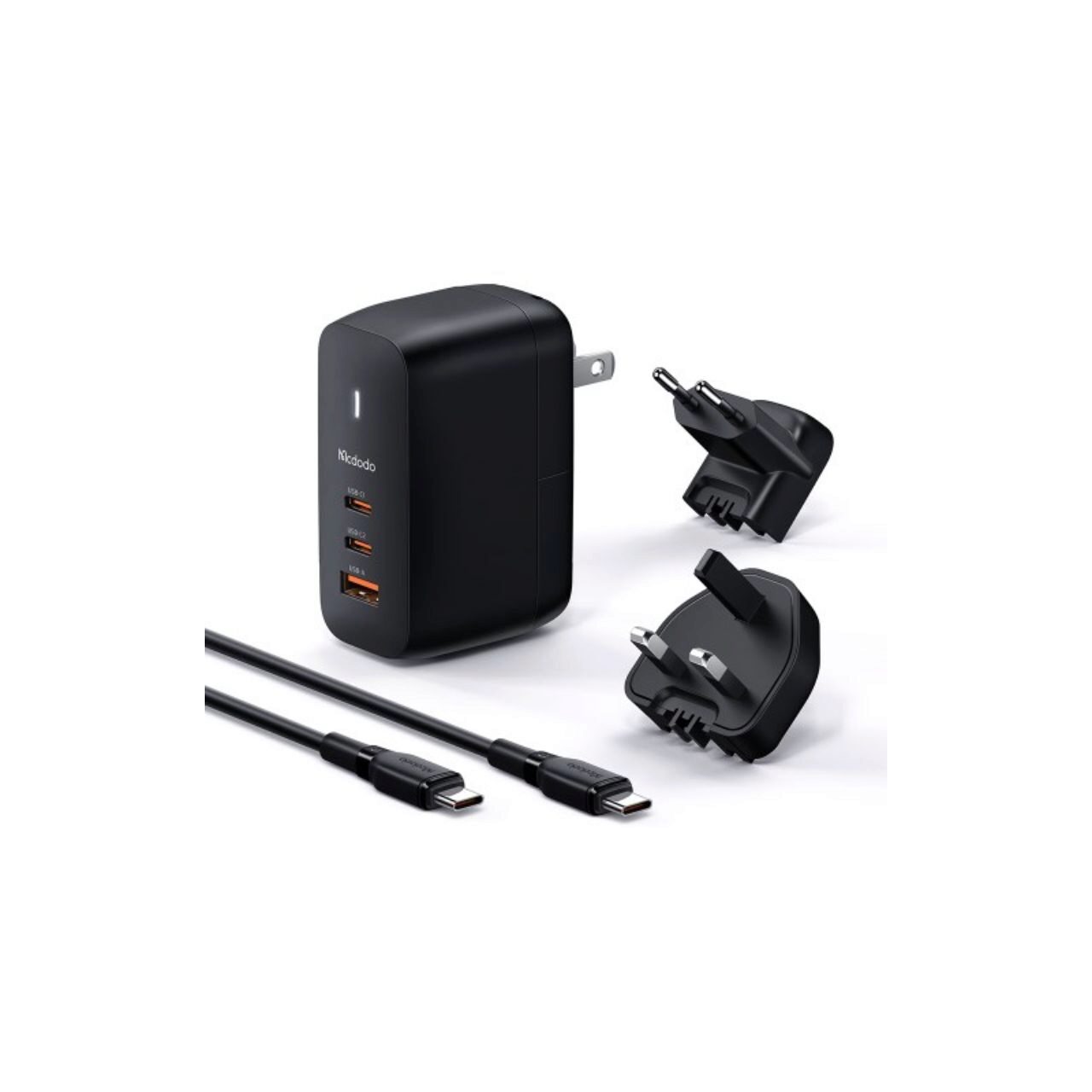 Set Incarcator Retea Mcdodo Mecha Series GaN 65W Dual Type-C + Cablu Type-c la Type-c 60W 2m EU/UK/US plug Black