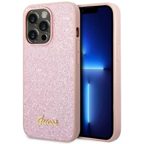 Husa iPhone 14 Pro Guess Glitter TPU Flakes Script Metal Logo Pink