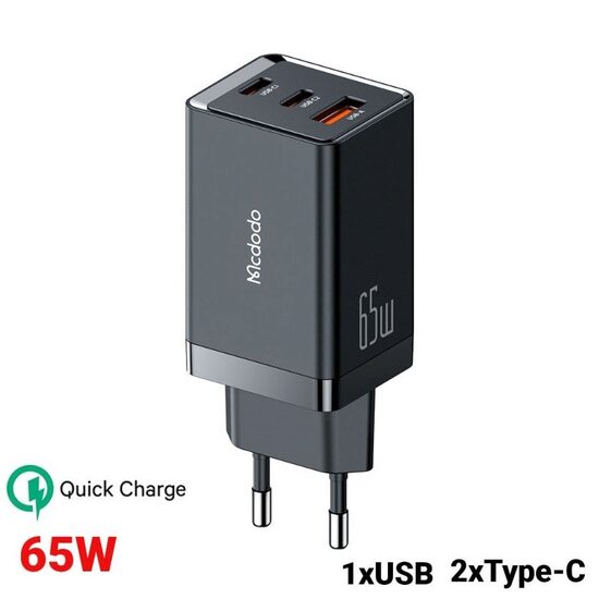 Set Incarcator Retea Mcdodo GaN 5 Mini Fast Charge 65W Dual Type-C+USB+ Cablu Type-c la Type-c, Plug EU Black