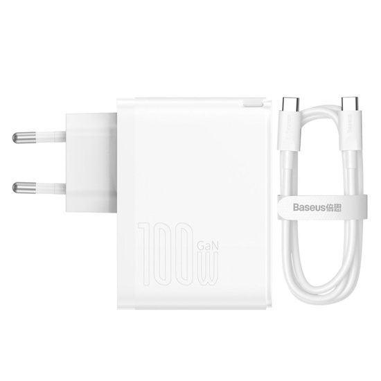 Baseus Set Incarcator Retea 100W, GaN5 Pro Quick Charge, 1 x USB Type-C, cablu Type-C la USB Type-C 100W, 1m, Alb