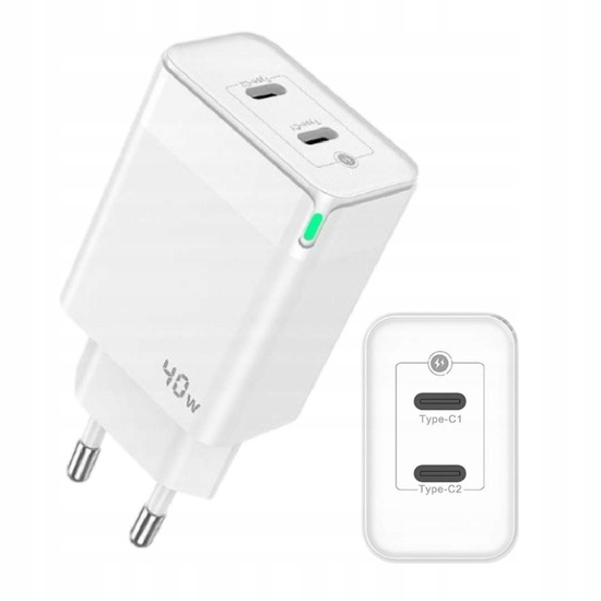 Prestico Incarcator Retea F16 2 x USB-C, PD, Fast Charge, 40W Alb