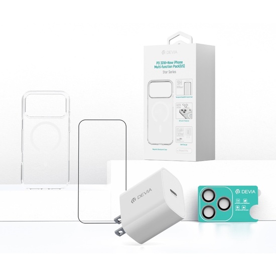 Devia Set 4 in 1 iPhone 17 Pro Incarcator retea GaN PD 30W + husa silicon Magsafe + folie sticla Military-Grade cu aplicator + folie sticla camera
