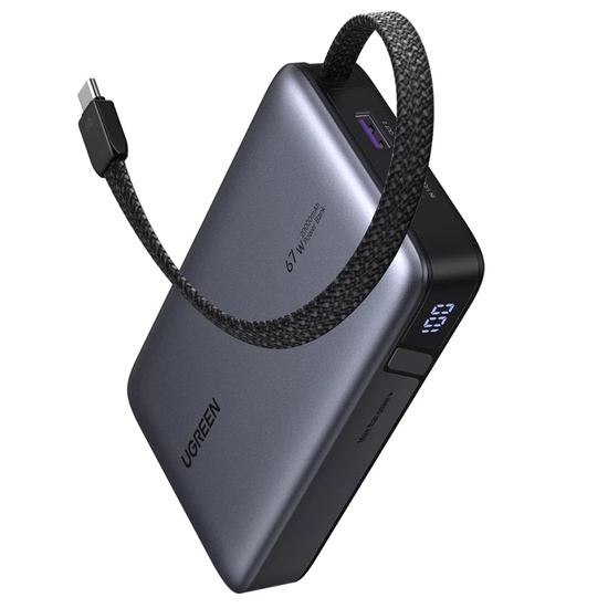 Ugreen Acumulator extern 20000mAh, 67W, Fast Charging, Digital Display, USB, Type-C, Cablu Type-C incorporat, Gri