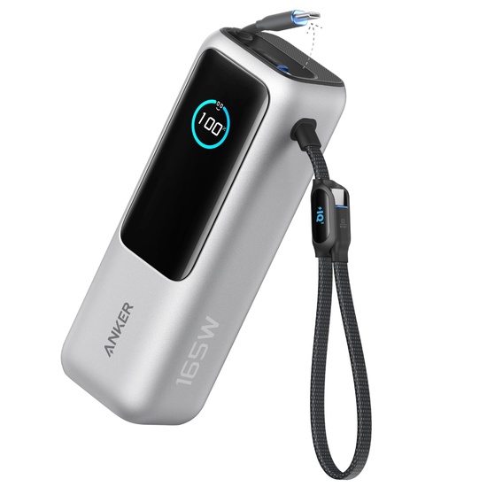 Anker Acumulator extern 25.000 mAh, 165W, QC+PD, 1 x USB-A, 3 x USB-C, cablu USB-C retractabil, Argintiu