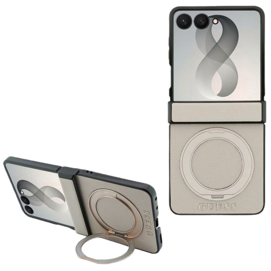 Guess Husa Magnetic Ring Stand Grained Classic Logo Samsung Galaxy Z Flip8 Bej