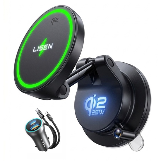 Lisen Pachet Suport auto W608 Pro cu Incarcare wireless + incarcator auto, 25W, Qi2.2, prindere ventuza, cablu Type-C la Type-C, Negru