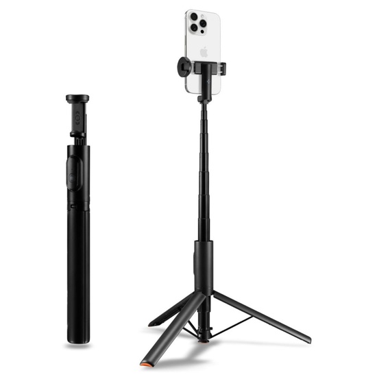 Spigen Selfie Stick cu Trepied Stabil, Bluetooth V5.0, telecomanda, pliabil, cu paduri din silicon antiderapante, Negru