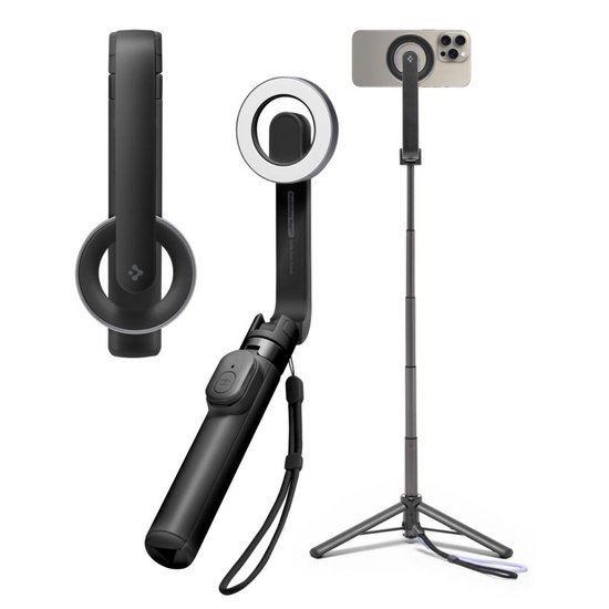 Spigen Selfie Stick cu Trepied Stabil, Bluetooth, compatibil MagSafe, pentru iOS și Android, Negru