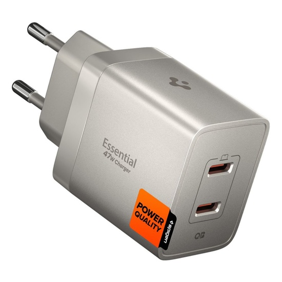 Spigen Incarcator Retea Essential GaN + Quantum Boost Fast Charge 47W 2x Type-C, Natural Titanium