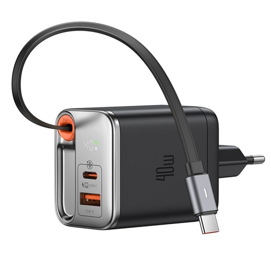 Mcdodo Set Incarcator Retea Fast Charge 40W si cablu Type-C retractabil 65 cm, FreeGo 1 x Type-C + 1 x USB-A, afișaj digital, Negru
