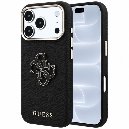 Guess Husa Grained Leather and Big Resin Logo iPhone 18 Pro / 17 Pro Negru