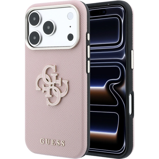 Guess Husa Grained Leather and Big Resin Logo iPhone 18 Pro / 17 Pro Roz