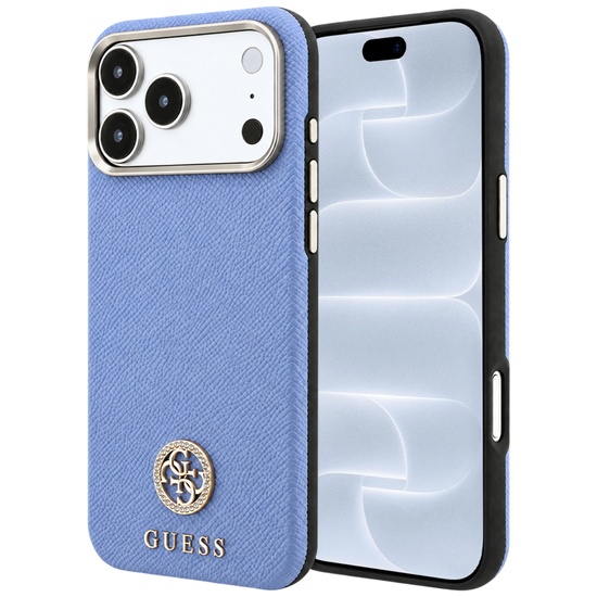 Guess Husa Grained Leather Round Strass Logo Magsafe iPhone 18 Pro / 17 Pro Light Blue