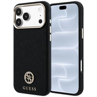 Guess Husa Grained Leather Round Strass Logo Magsafe iPhone 18 Pro / 17 Pro Negru