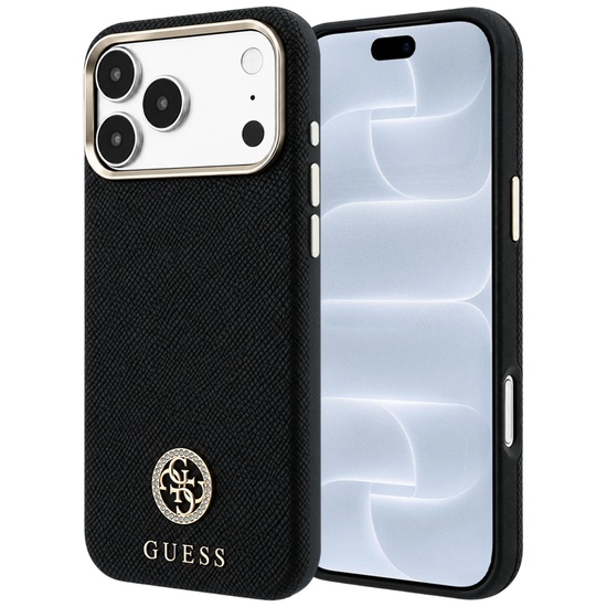 Guess Husa Grained Leather Round Strass Logo Magsafe iPhone 18 Pro / 17 Pro Negru