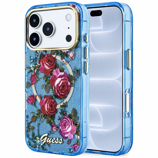 Guess Husa Glitter Blossom Roses MagSafe iPhone 18 Pro / 17 Pro Light Blue