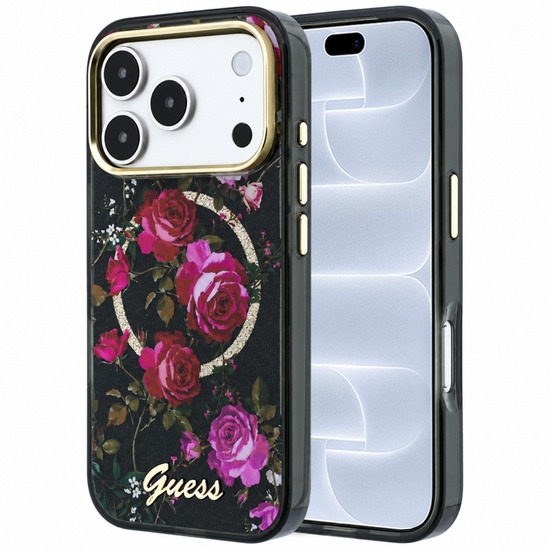 Guess Husa Glitter Blossom Roses MagSafe iPhone 18 Pro / 17 Pro Negru