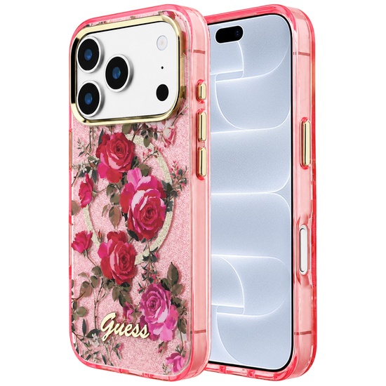 Guess Husa Glitter Blossom Roses MagSafe iPhone 18 Pro / 17 Pro Roz