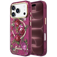 Guess Husa Glitter Blossom Roses MagSafe iPhone 18 Pro Max / 17 Pro Max Burgundy