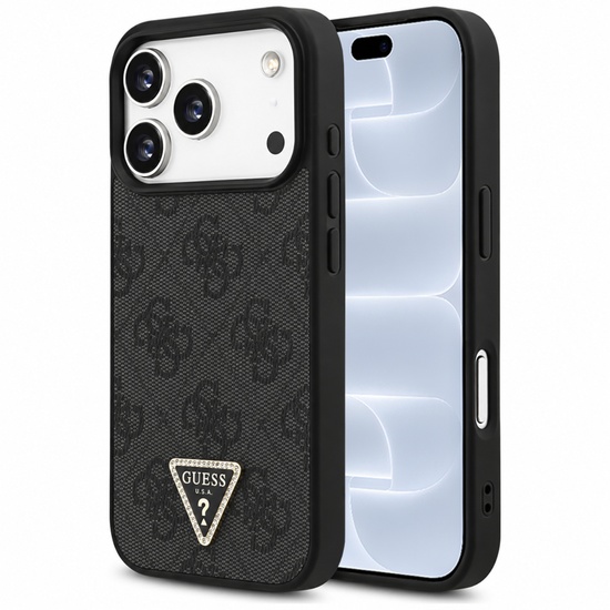 Guess Husa Leather 4G Triangle Strass MagSafe iPhone 18 Pro / 17 Pro Negru