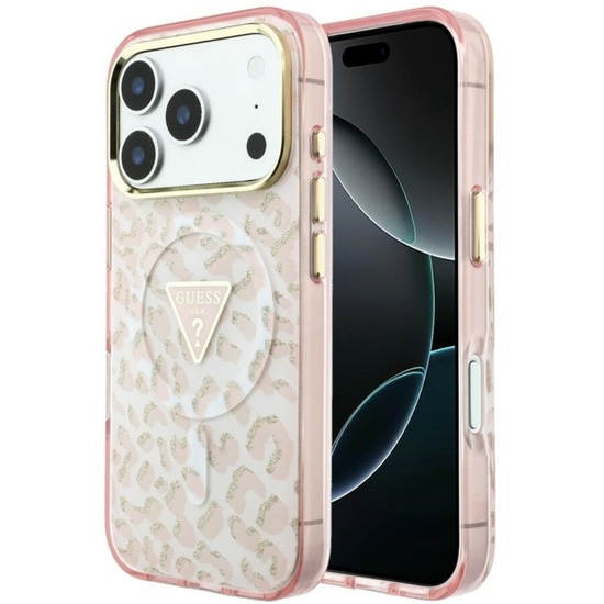 Guess Husa Leopard Glitter Triangle Logo MagSafe iPhone 18 Pro / 17 Pro Roz
