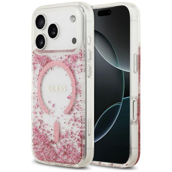 Guess Husa Resin Bottom Glitter MagSafe iPhone 18 Pro / 17 Pro Roz