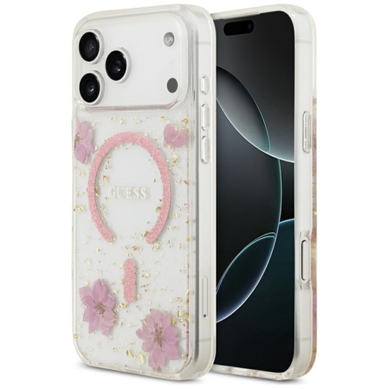 Guess Husa Resin Flowers and Glitter MagSafe iPhone 18 Pro Max / 17 Pro Max Roz