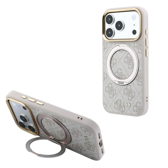Guess Husa Ring Stand 360 4G Leather Classic Logo MagSafe iPhone 18 Pro / 17 Pro Roz