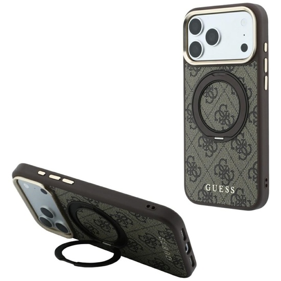 Guess Husa Ring Stand 360 4G Leather Classic Logo MagSafe iPhone 18 Pro / 17 Pro Maro