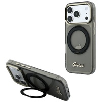 Guess Husa Ring Stand Script Metal Logo MagSafe iPhone 18 Pro / 17 Pro Negru