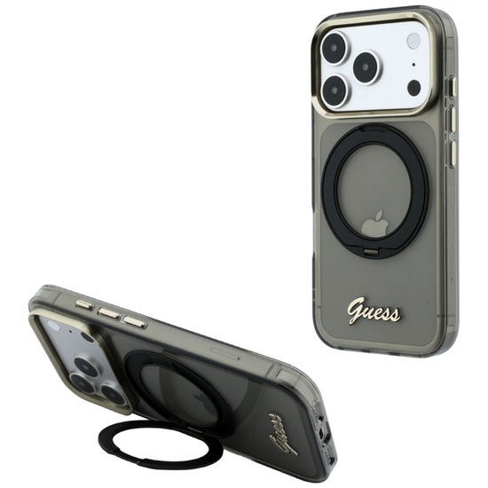 Guess Husa Ring Stand Script Metal Logo MagSafe iPhone 18 Pro / 17 Pro Negru