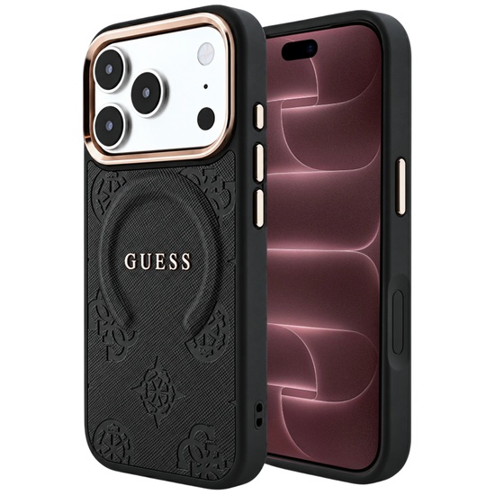 Guess Husa Saffiano Peony & Ring MagSafe iPhone 18 Pro Max / 17 Pro Max Negru