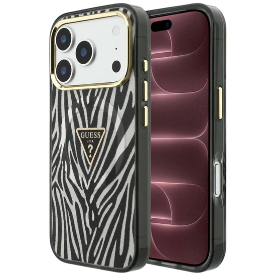 Guess Husa Zebra Glitter Triangle Logo MagSafe iPhone 18 Pro Max / 17 Pro Max Negru / Argintiu