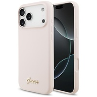 Guess Husa Silicone Script Metal Logo MagSafe iPhone 18 Pro Max / 17 Pro Max Roz