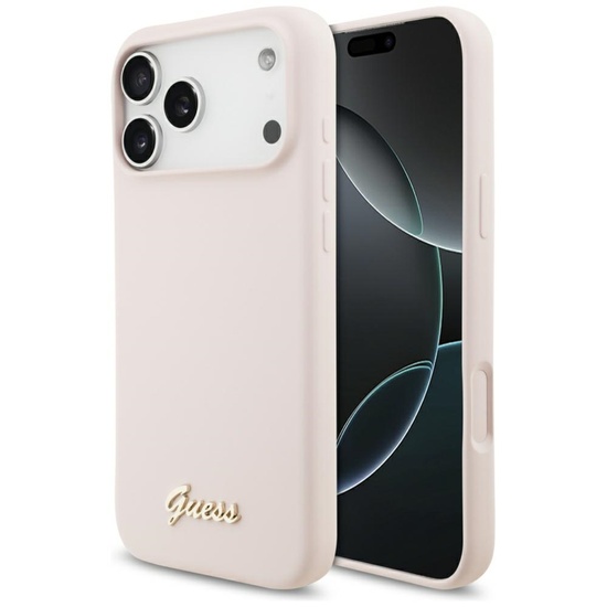 Guess Husa Silicone Script Metal Logo MagSafe iPhone 18 Pro Max / 17 Pro Max Roz