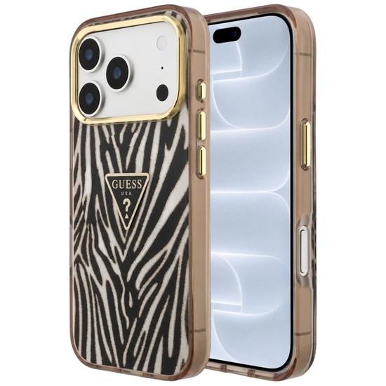 Guess Husa Zebra Glitter Triangle Logo MagSafe iPhone 18 Pro Max / 17 Pro Max Negru / Auriu