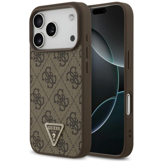 Guess Husa Leather 4G Triangle Strass MagSafe iPhone 18 Pro / 17 Pro Maro