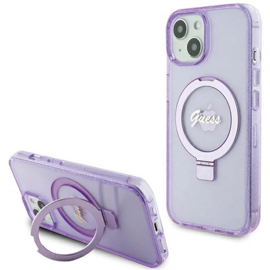 Guess Husa Ring Stand Glitter MagSafe iPhone 15 Mov