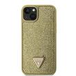 Guess Husa Rhinestones Triangle Metal Logo iPhone 15 Auriu