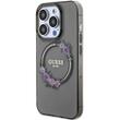 Guess Husa Flowers Ring Logo Glossy MagSafe iPhone 15 Pro Negru