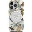 Guess Husa Glitter Flowers Triangle Buttons MagSafe iPhone 16 Pro Max Alb
